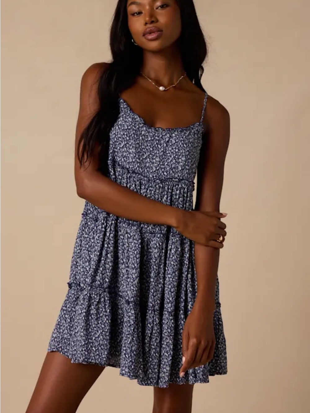 Lulus Navy Blue Floral Print Ruffled Babydoll Dress
